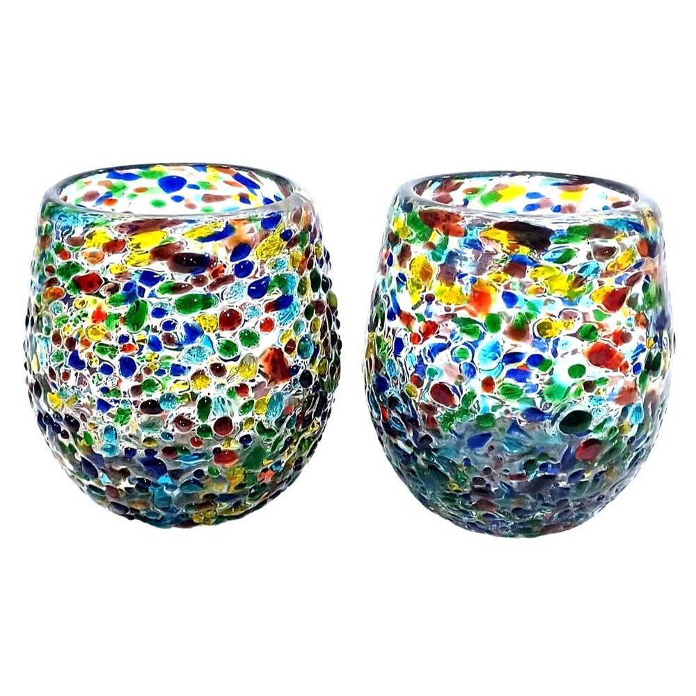 2 Fused Recycled Art Glass Rainbow Confetti Votive Tealight or Candle Holders - Picture 1 of 8